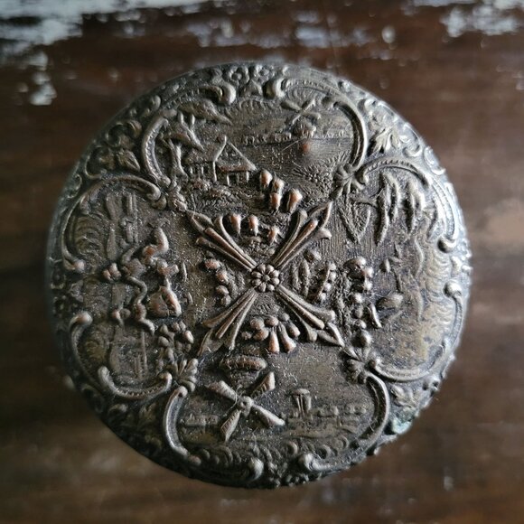 Antique Glass Humidor Cigar Tobacco Jar With Repousse Windmill Scene Lid - Picture 4 of 9